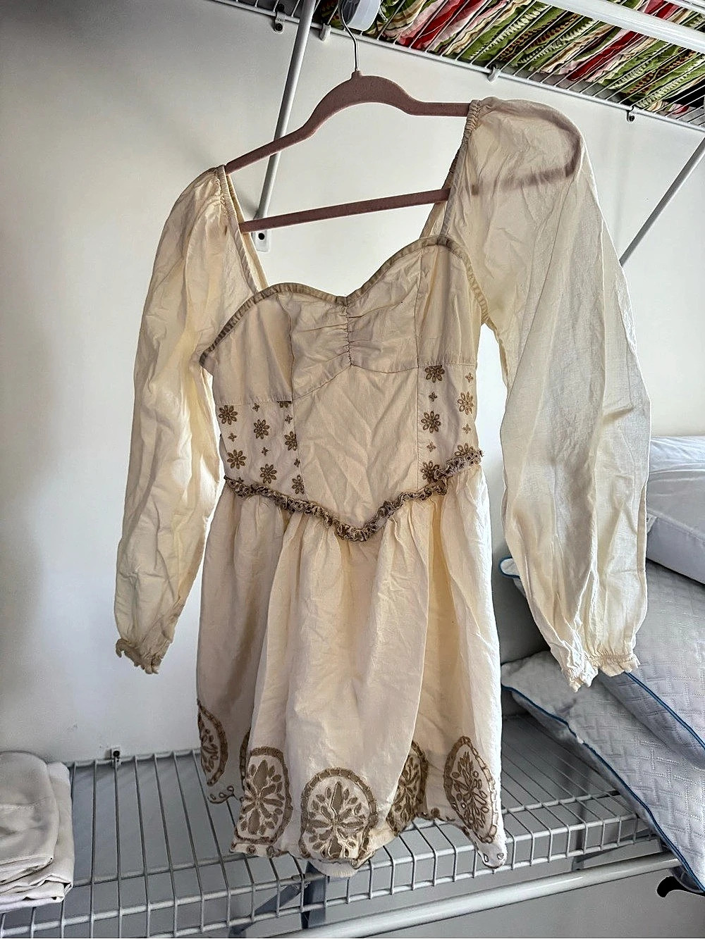 American Eagle AE Embroidered Puff-Sleeve Babydoll Mini Dress XS